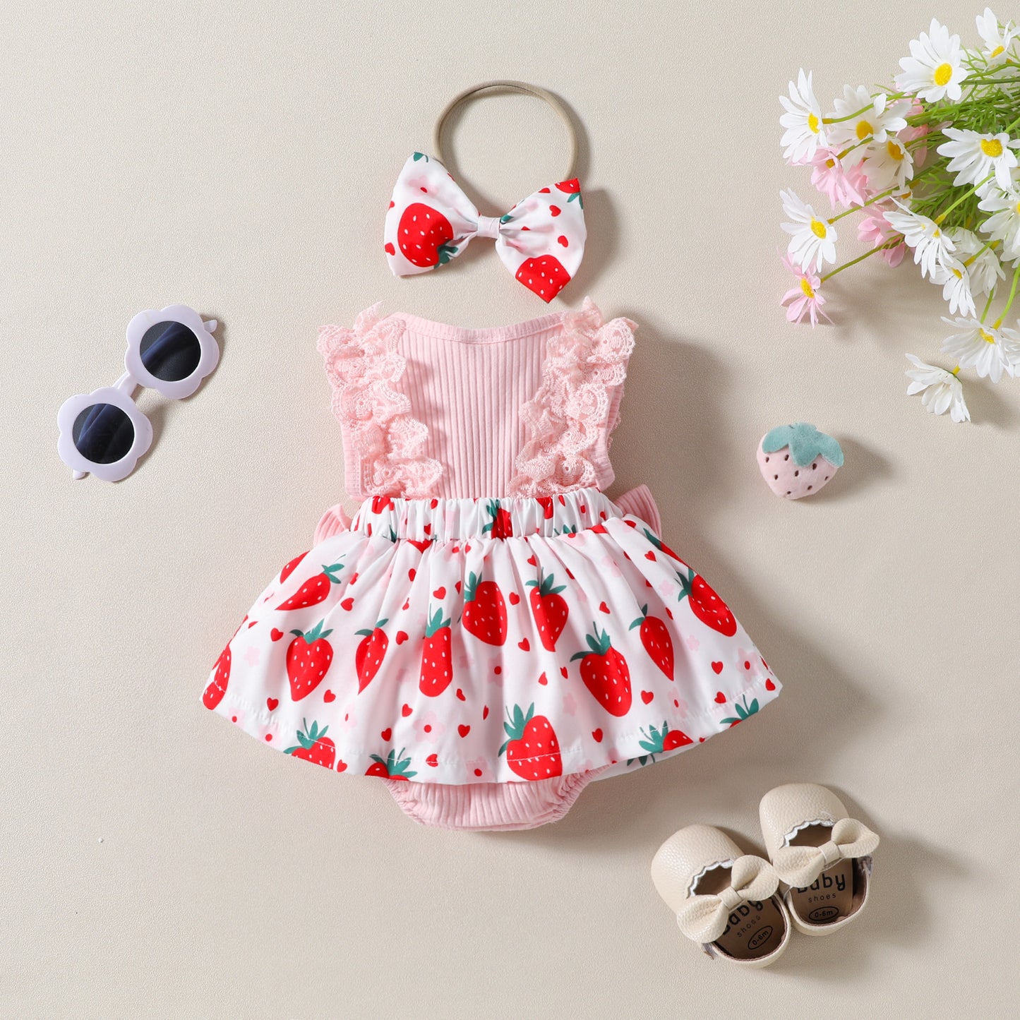 Baby Girl Strawberry Print Lace-Sleeve Romper Dress with Bow & Headband