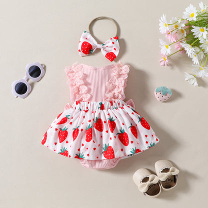 Baby Girl Strawberry Print Lace-Sleeve Romper Dress with Bow & Headband