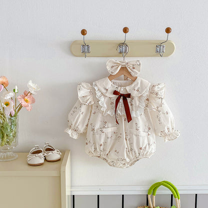 Vintage Floral Lace-Collar Romper or Dress Set with Headband – Baby & Toddler Girl