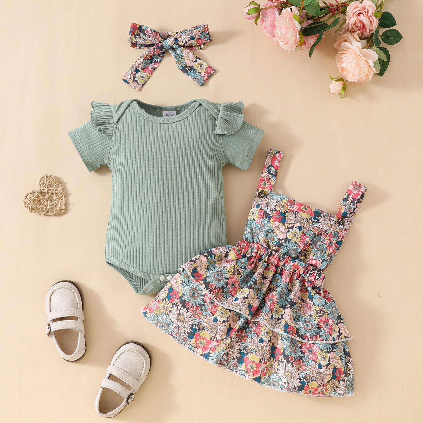 Baby Girl Ribbed Flutter-Sleeve Romper & Floral Suspender Skirt Set with Headband