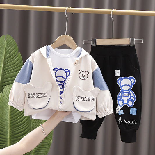 Toddler Boy's Bear Print 3-Piece Hooded Zip Jacket, Tee & Jogger Set | Color-Block Tracksuit with Bear Ear Hood