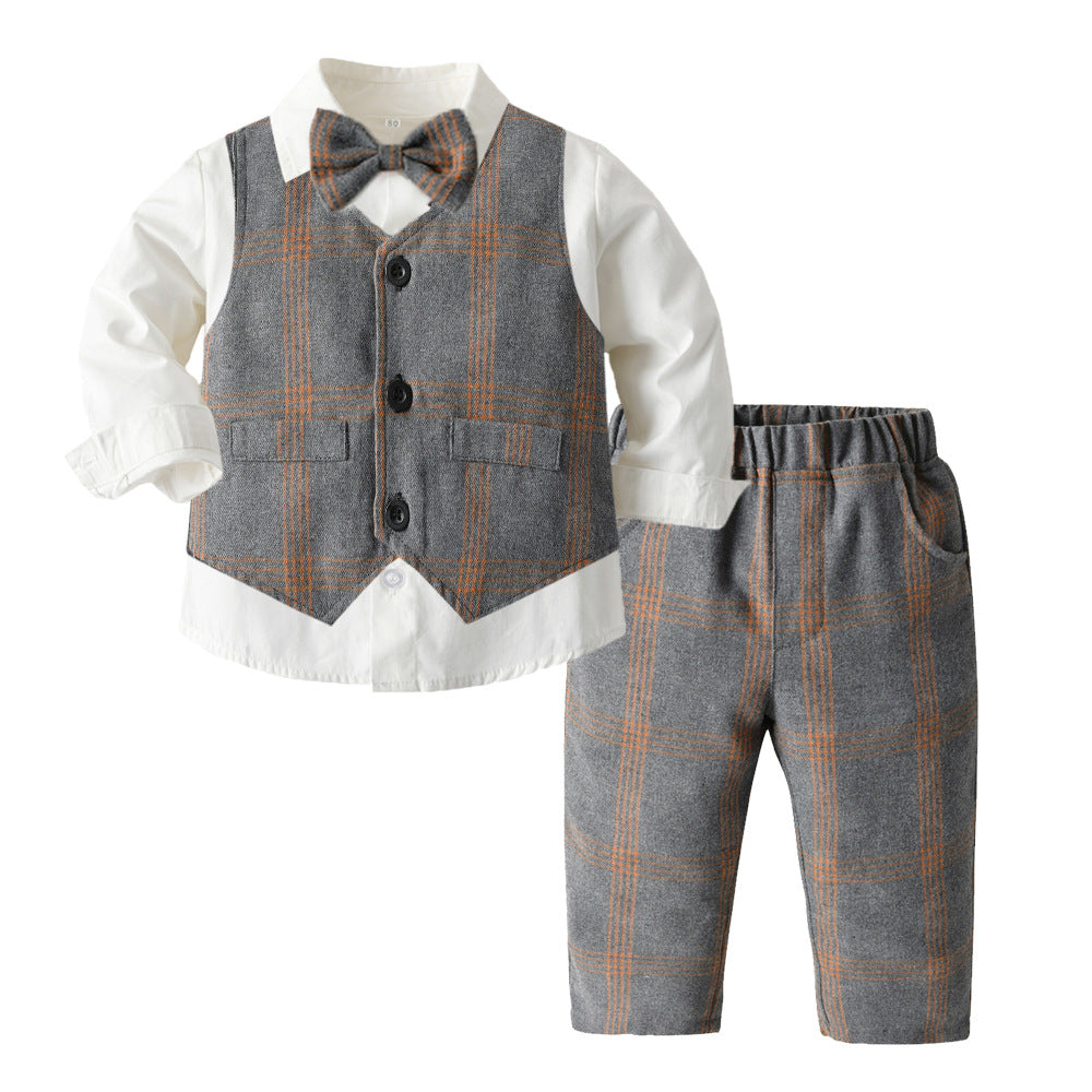 Boys' Long-Sleeve Shirt, Textured Waistcoat & Trouser Set | 3-Piece Bow Tie Suit in Stripe, Plaid & Solid