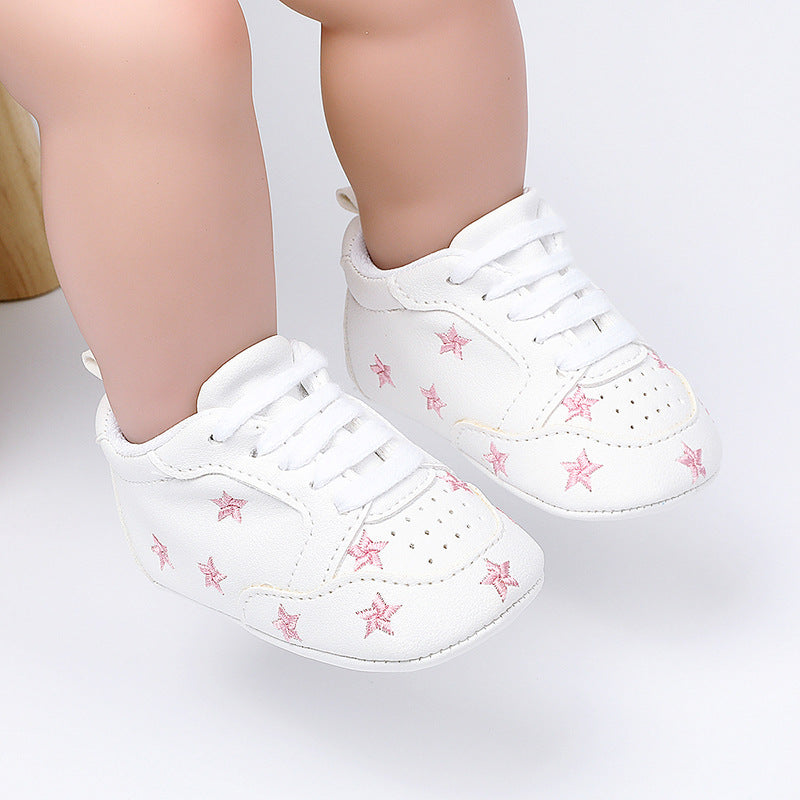 Star & Heart Embroidered White Leather Baby Sneakers | Soft-Sole Pre-Walker Crib Shoes