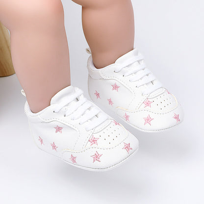 Star & Heart Embroidered White Leather Baby Sneakers | Soft-Sole Pre-Walker Crib Shoes
