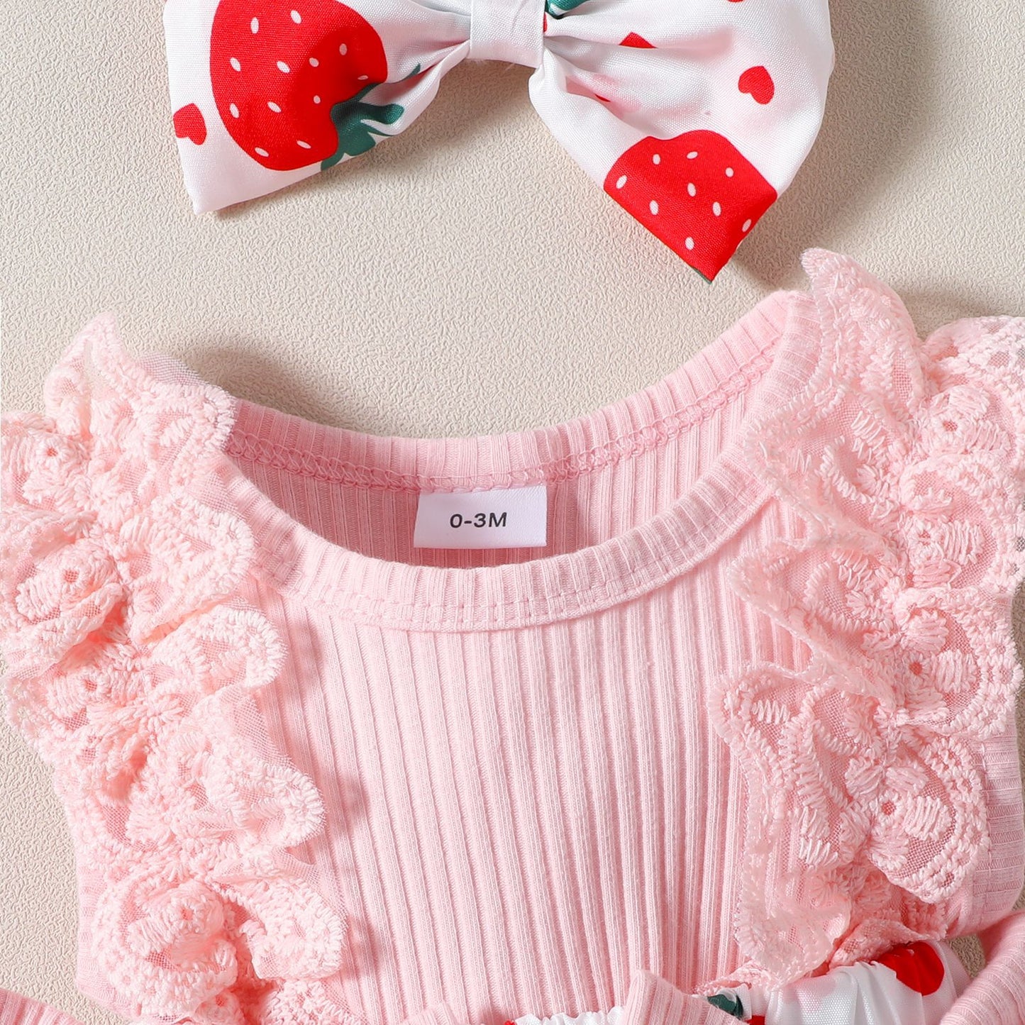 Baby Girl Strawberry Print Lace-Sleeve Romper Dress with Bow & Headband
