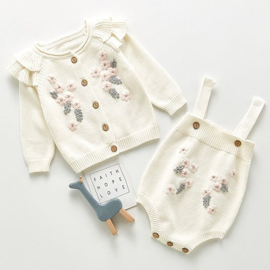 Baby Floral Embroidered Knit Romper & Cardigan Set – Cozy Autumn Outfit