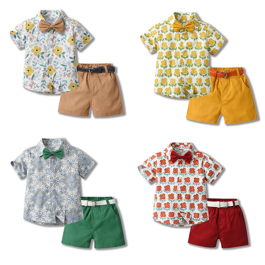 Toddler & Little Boys' Floral Button-Down Shirt & Shorts Set with Bow Tie and Belt – Sizes 3 Months–6 Years