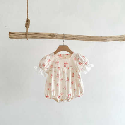 Pink Floral Puff Sleeve Romper with Eyelet Lace Cuffs – Baby Girl Summer Bubble Suit