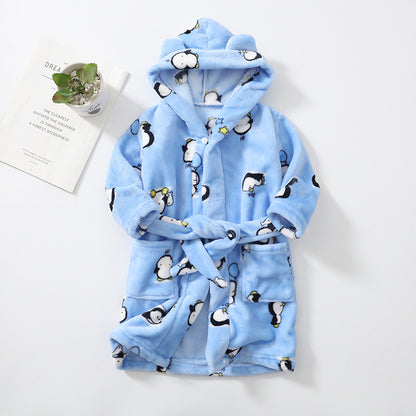 Kids' Hooded Fleece Bathrobe – Plush Flannel Robe with Pockets & Tie Belt, Cartoon Prints for Boys & Girls (2T–12 Years)