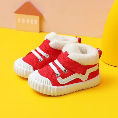 Fleece-Lined High-Top Canvas Toddler Boots | Plush Winter Shoes in Red & Black