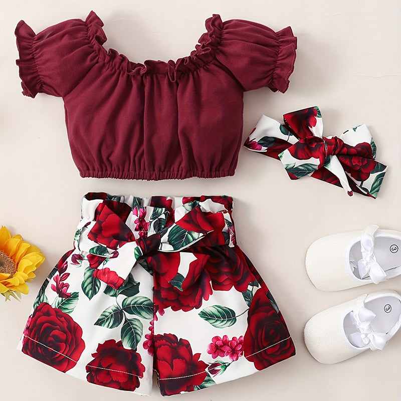 3-Piece Baby Outfit Set – Soft Short-Sleeve Top, Floral Shorts & Matching Headband