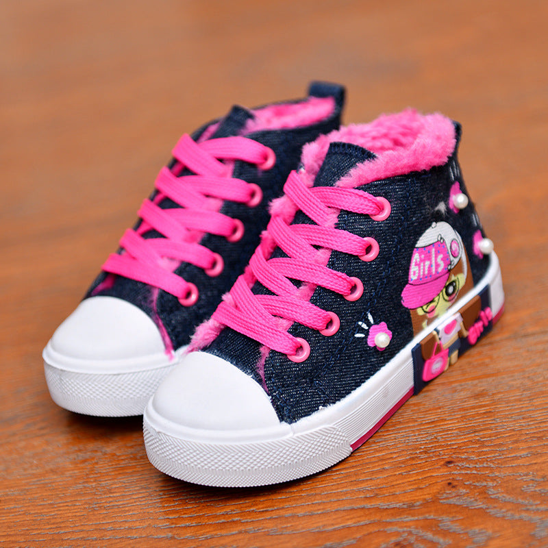 Girls’ High-Top Canvas Sneakers – Cute Cartoon Design, Comfy & Durable