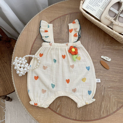 Rainbow Heart Print Muslin Flutter Romper – Baby Girl Sleeveless Summer Bubble Suit