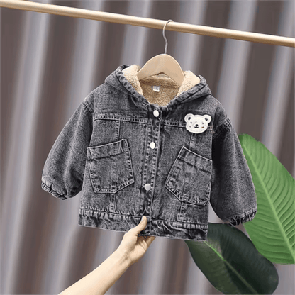 Baby & Toddler Denim Hooded Jacket with Fleece Lining – Cozy Bear Design (Spring–Fall)