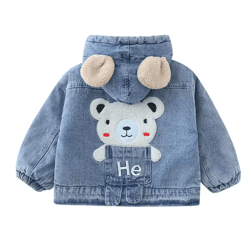 Baby & Toddler Denim Hooded Jacket with Fleece Lining – Cozy Bear Design (Spring–Fall)