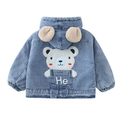 Baby & Toddler Denim Hooded Jacket with Fleece Lining – Cozy Bear Design (Spring–Fall)