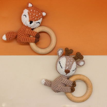 Handmade Crochet Fox & Deer Baby Teether Rattle – Wooden Ring Molar Toy