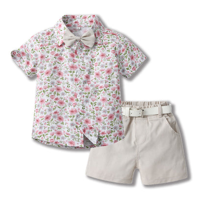 Toddler & Little Boys' Floral Button-Down Shirt & Shorts Set with Bow Tie and Belt – Sizes 3 Months–6 Years