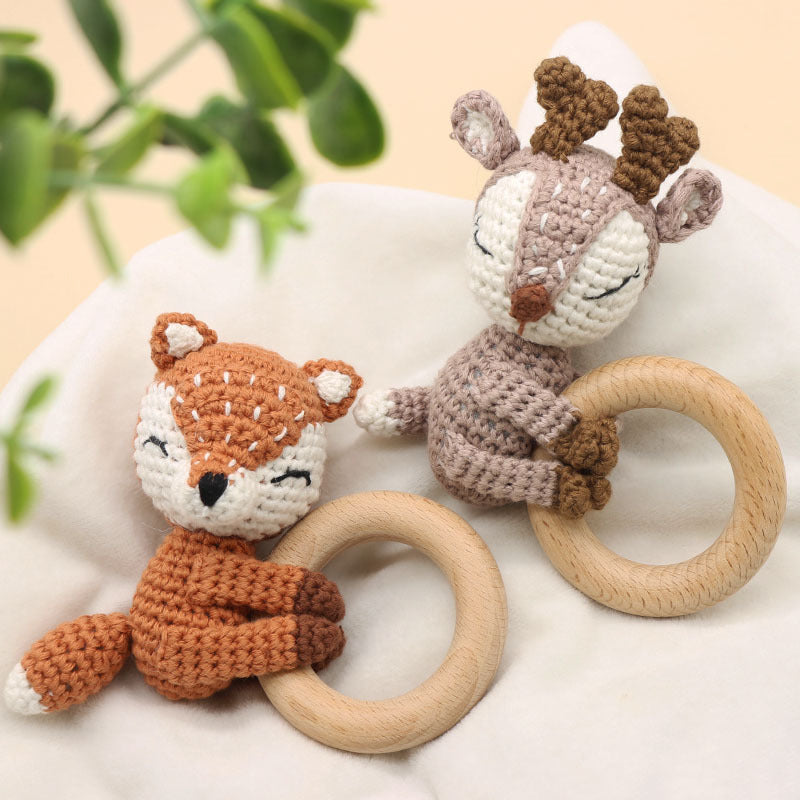 Handmade Crochet Fox & Deer Baby Teether Rattle – Wooden Ring Molar Toy