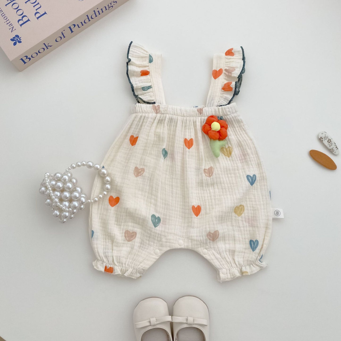 Rainbow Heart Print Muslin Flutter Romper – Baby Girl Sleeveless Summer Bubble Suit