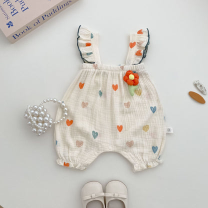 Rainbow Heart Print Muslin Flutter Romper – Baby Girl Sleeveless Summer Bubble Suit