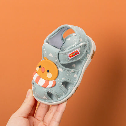 Heart-Print Canvas Baby Sandals with 3D Animal Appliqué | Closed-Toe Cutout Style in 4 Characters