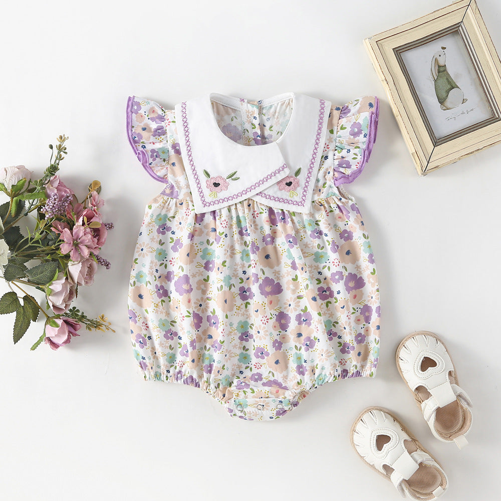 Embroidered Sailor Collar Flutter Romper – Baby Girl Floral & Polka Dot Summer Bubble Suit