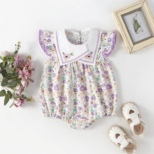 Embroidered Sailor Collar Flutter Romper – Baby Girl Floral & Polka Dot Summer Bubble Suit