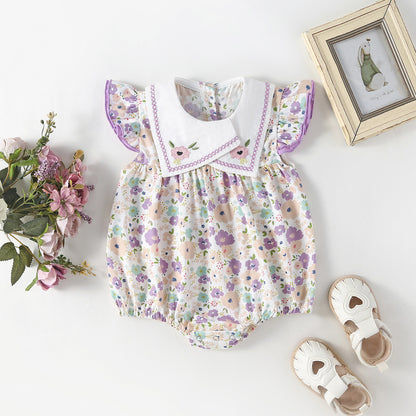 Embroidered Sailor Collar Flutter Romper – Baby Girl Floral & Polka Dot Summer Bubble Suit