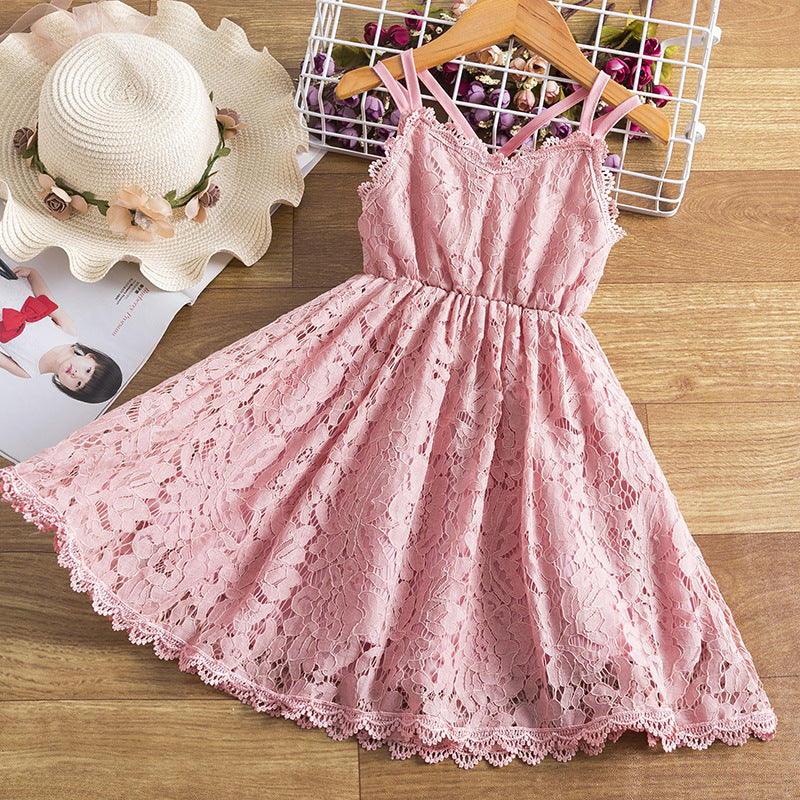 Girls' All-Over Lace Spaghetti Strap Dress – Floral Cutout, Full Skirt, Sizes 3–8
