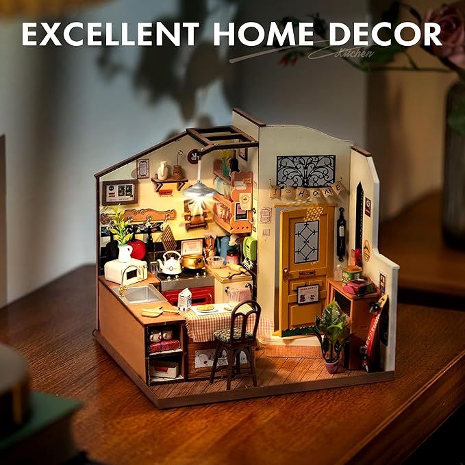 ROBOTIME Rolife Happy Kitchen Miniature Dollhouse Kit – DIY Wooden Room with LED Light (DG159)