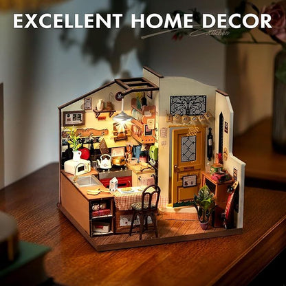 ROBOTIME Rolife Happy Kitchen Miniature Dollhouse Kit – DIY Wooden Room with LED Light (DG159)