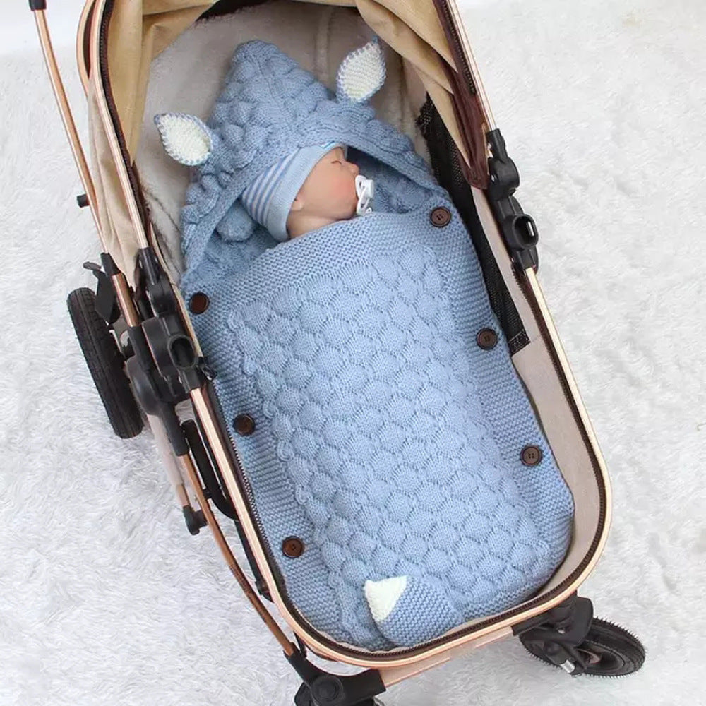Fox Knit Baby Swaddle Blanket with Hood & Ears – Cozy Pram Sleeping Bag (0–12 Months)