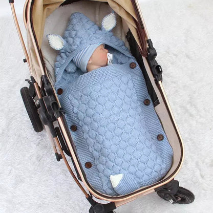 Fox Knit Baby Swaddle Blanket with Hood & Ears – Cozy Pram Sleeping Bag (0–12 Months)