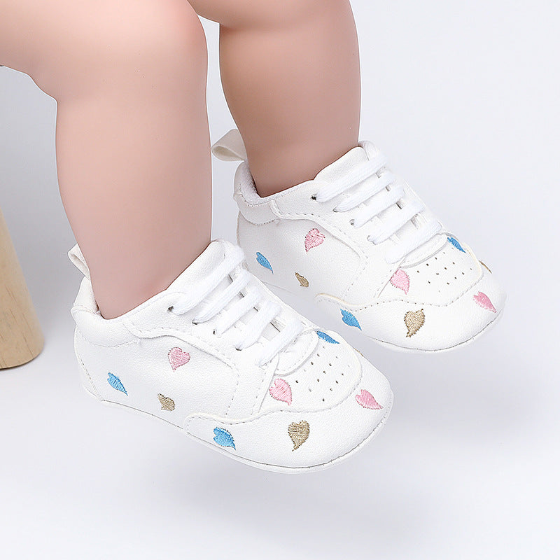 Star & Heart Embroidered White Leather Baby Sneakers | Soft-Sole Pre-Walker Crib Shoes