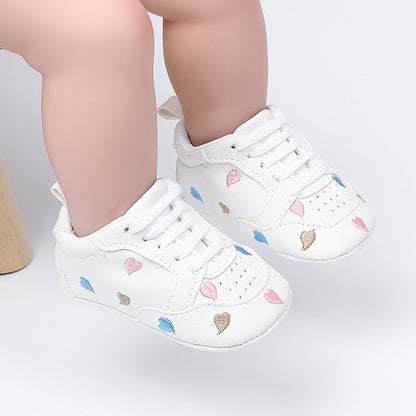 Star & Heart Embroidered White Leather Baby Sneakers | Soft-Sole Pre-Walker Crib Shoes