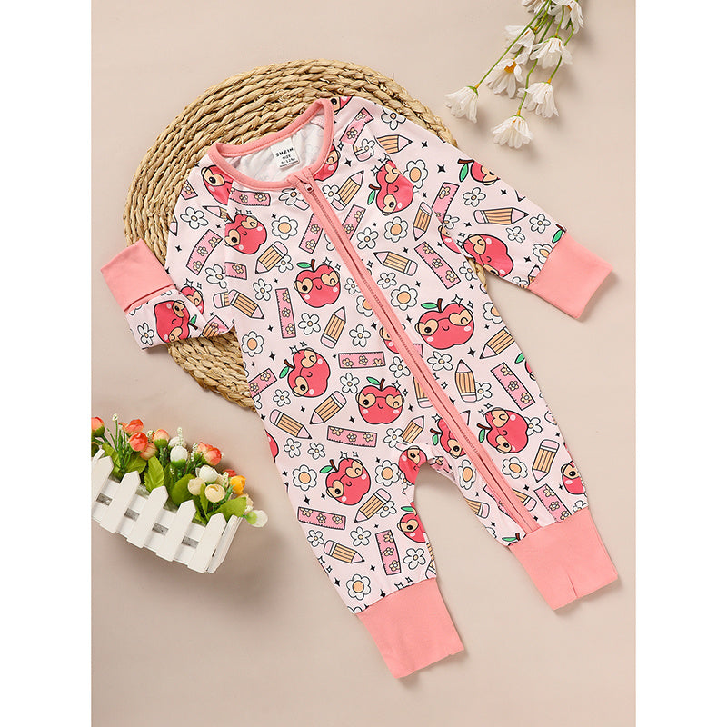 Adorable Infant Romper For Back To School Apple And Pencil Print Long Sleeve Jumpsuit Outfit