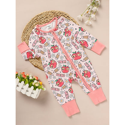 Infant Back-to-School Romper – Apple & Pencil Print Long Sleeve Jumpsuit