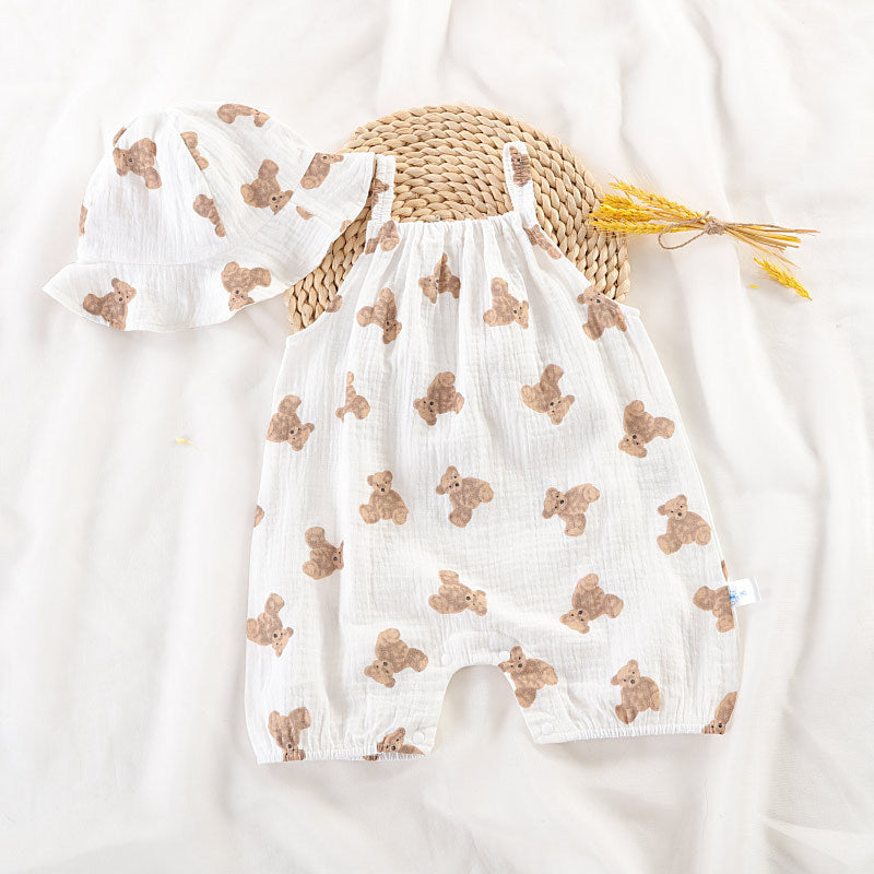 Sleeveless Cotton Gauze Baby Romper Set with Hat – Lightweight Summer Crawling Suit