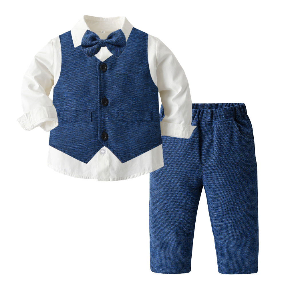 Boys' Long-Sleeve Shirt, Textured Waistcoat & Trouser Set | 3-Piece Bow Tie Suit in Stripe, Plaid & Solid
