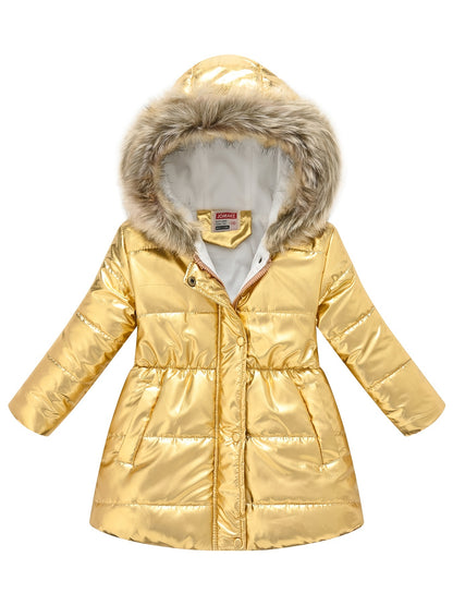 Girls’ Mid-Length Puffer Coat with Faux-Fur Hood (Winter Jacket)