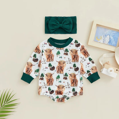 Baby Girl Printed Sweatshirt Bubble Romper & Bow Headband Set – Long Sleeve, Sizes Newborn–24 Months