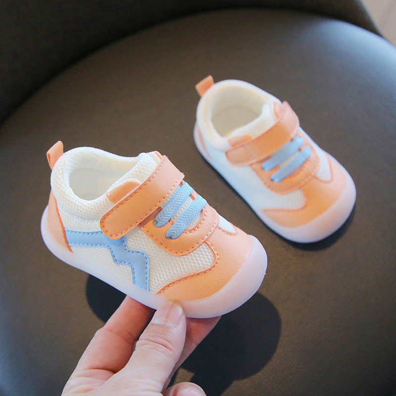 Wave-Panel Mesh & PU Toddler Sneakers | Breathable Color-Block Baby Shoes in Gray, Red & Orange