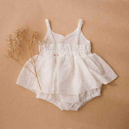 Ditsy Floral & Eyelet Dress-Romper for Baby Girls – Spaghetti Strap Summer Bubble Dress