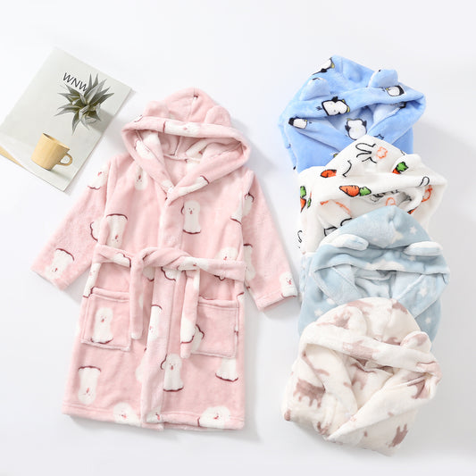 Kids' Hooded Fleece Bathrobe – Plush Flannel Robe with Pockets & Tie Belt, Cartoon Prints for Boys & Girls (2T–12 Years)