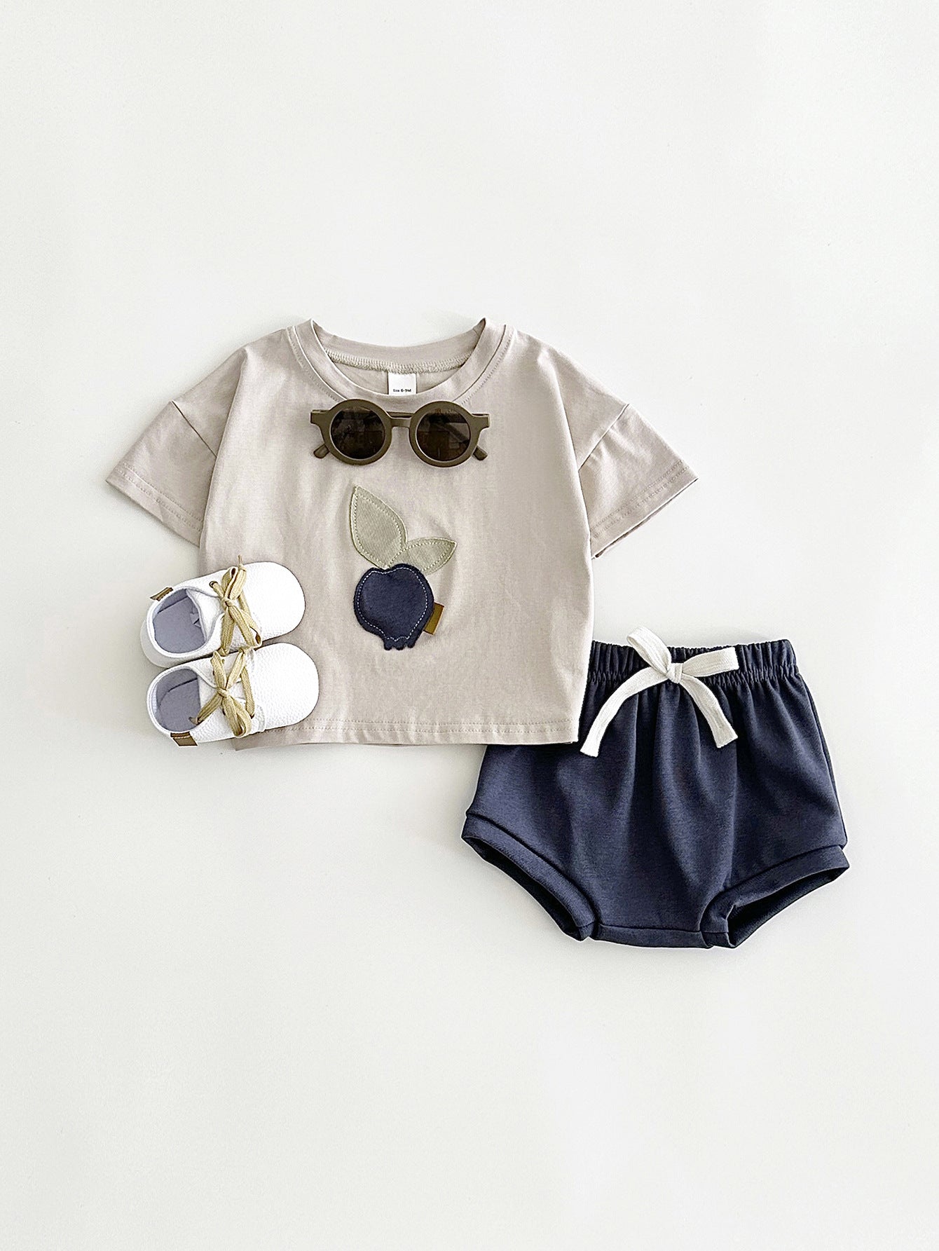 Baby & Toddler Fruit Appliqué Tee & Bloomer Shorts Set | Summer Cotton 2-Piece in Sage or Camel