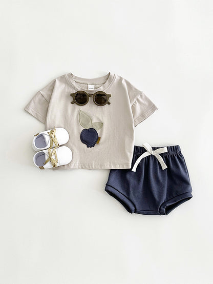 Baby & Toddler Fruit Appliqué Tee & Bloomer Shorts Set | Summer Cotton 2-Piece in Sage or Camel