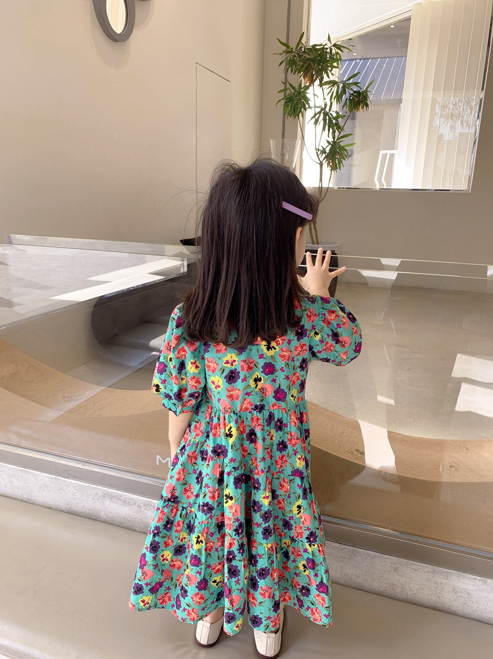 Girls' Teal Wildflower Puff-Sleeve Tiered Maxi Dress