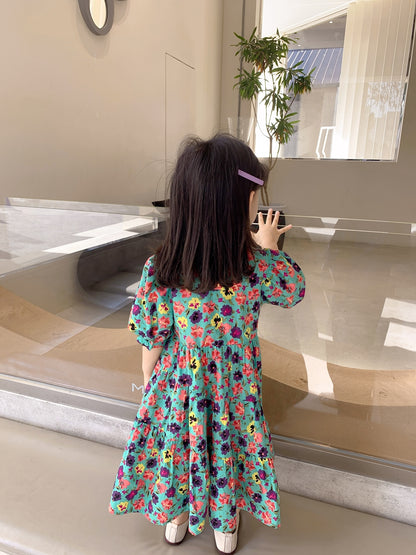 Girls' Teal Wildflower Puff-Sleeve Tiered Maxi Dress