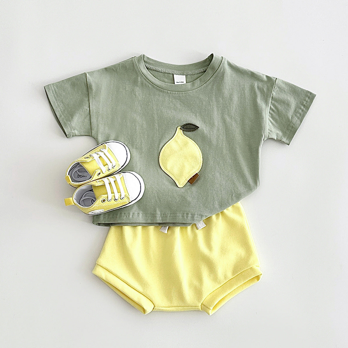 Baby & Toddler Fruit Appliqué Tee & Bloomer Shorts Set | Summer Cotton 2-Piece in Sage or Camel